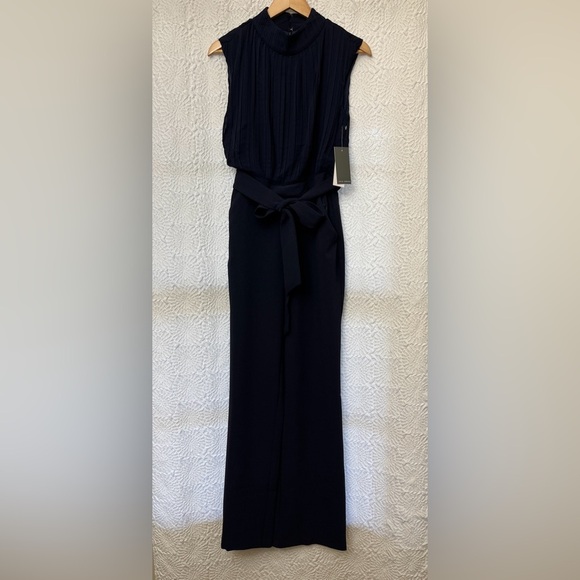 Julia Jordan Pleated Chiffon Crepe Tie Waist Jumpsuit Size 4 Navy Straight Leg - Picture 13 of 13